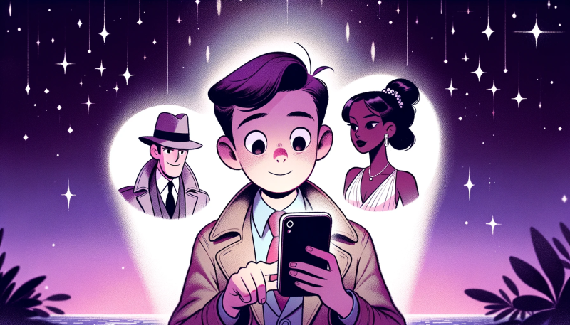 Illustration showing a boy using a phone, with two virtual characters in the background. The image symbolizes a boy interacting with two virtual characters simulated by the developed system.